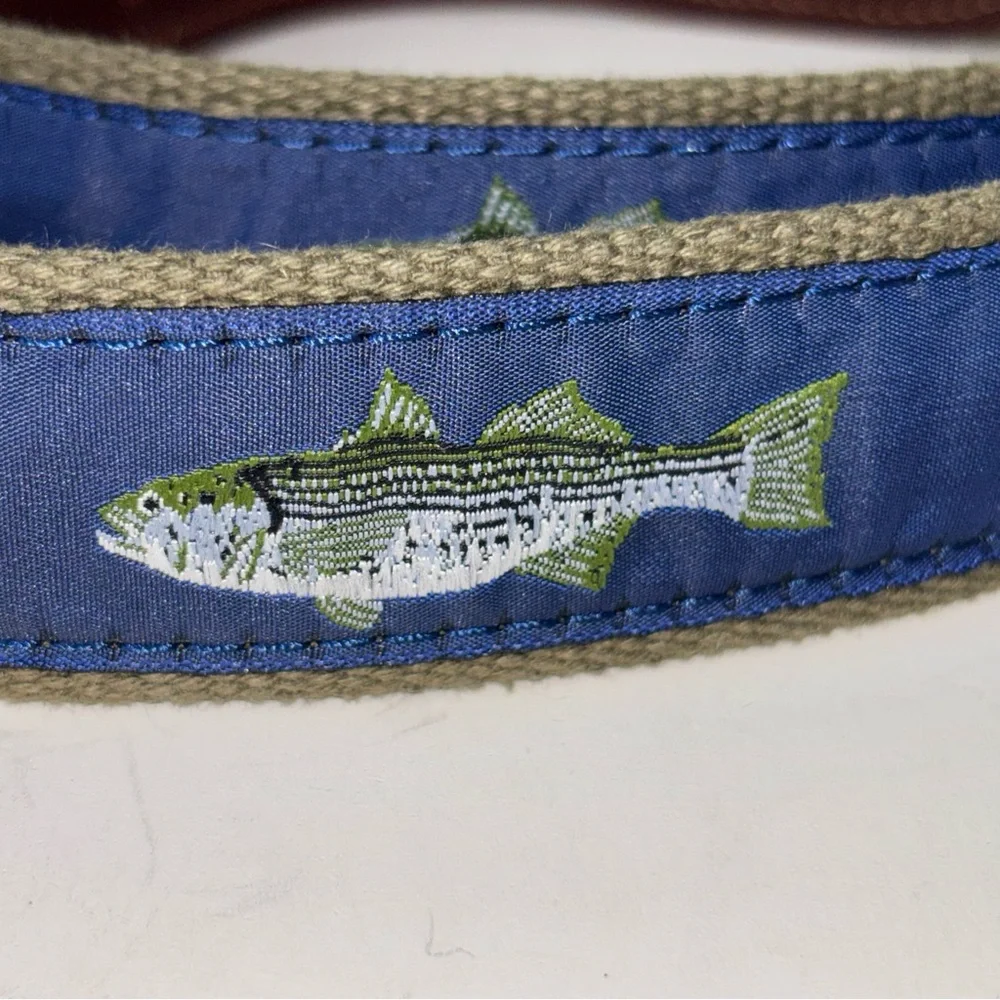 PRESTON New England Belt Men’s Sz 46 Bass Fish Blue Brown Leather Nautical Ocean